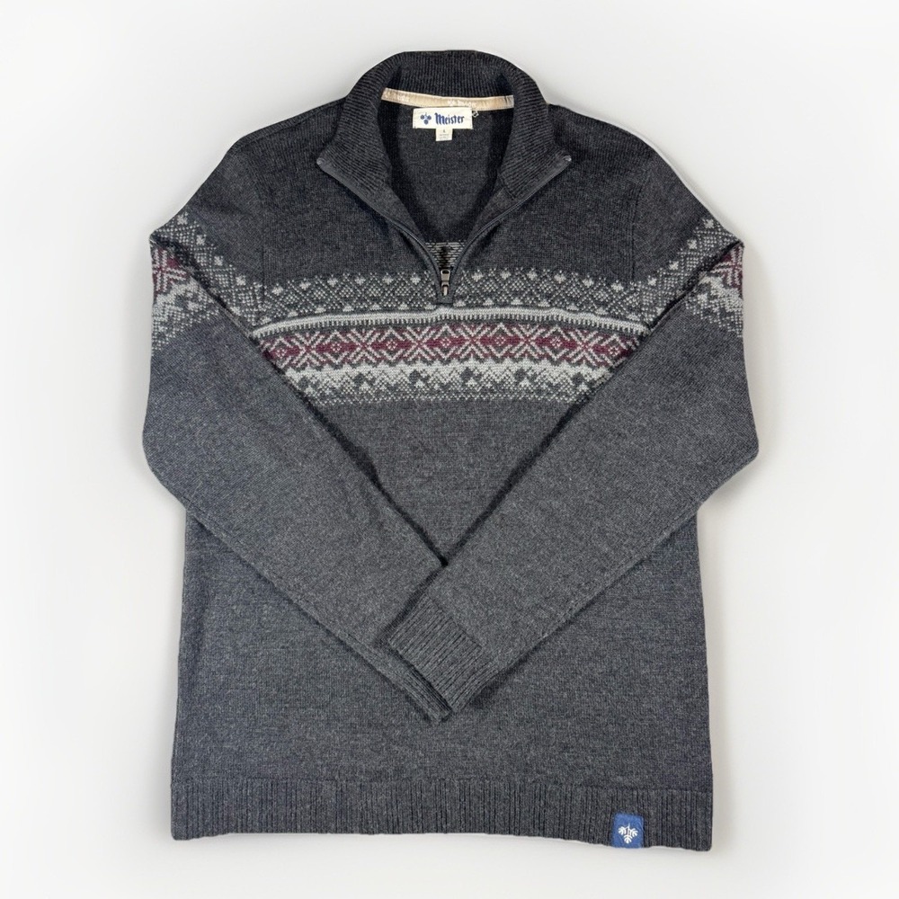Meister Wool Blend 1/4 Zip Nordic Fair Isle Sweater Men's Large Gray